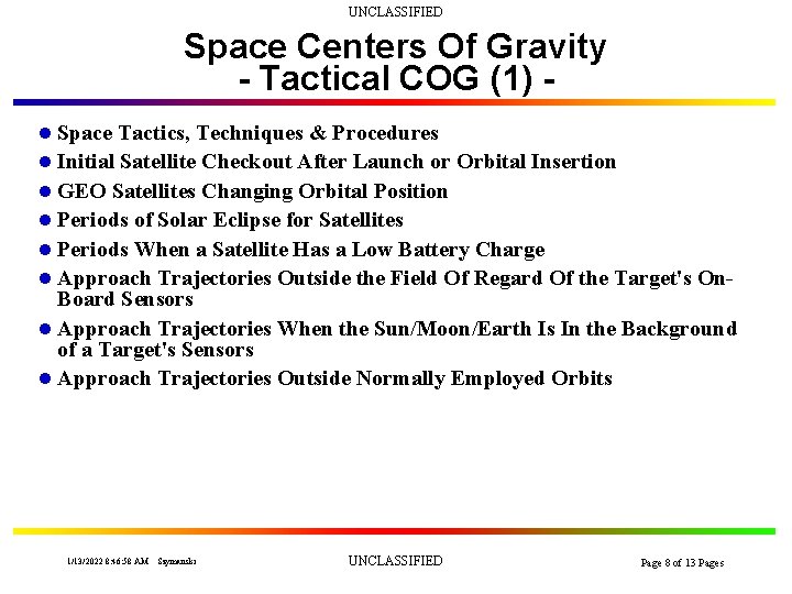 UNCLASSIFIED Space Centers Of Gravity - Tactical COG (1) l Space Tactics, Techniques &