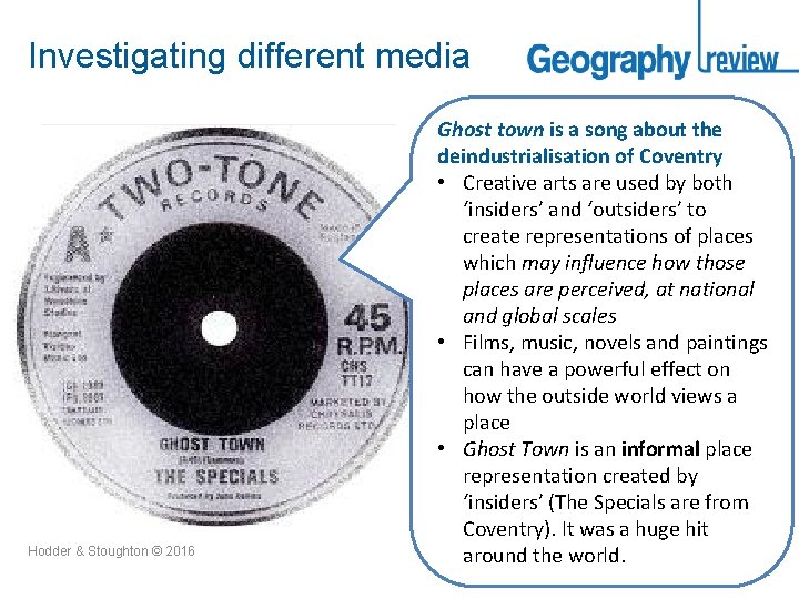 Investigating different media Hodder & Stoughton © 2016 Ghost town is a song about