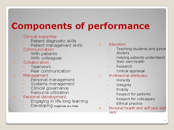 Components of performance 1. 2. 3. 4. 5. Clinical expertise ◦ Patient diagnostic skills