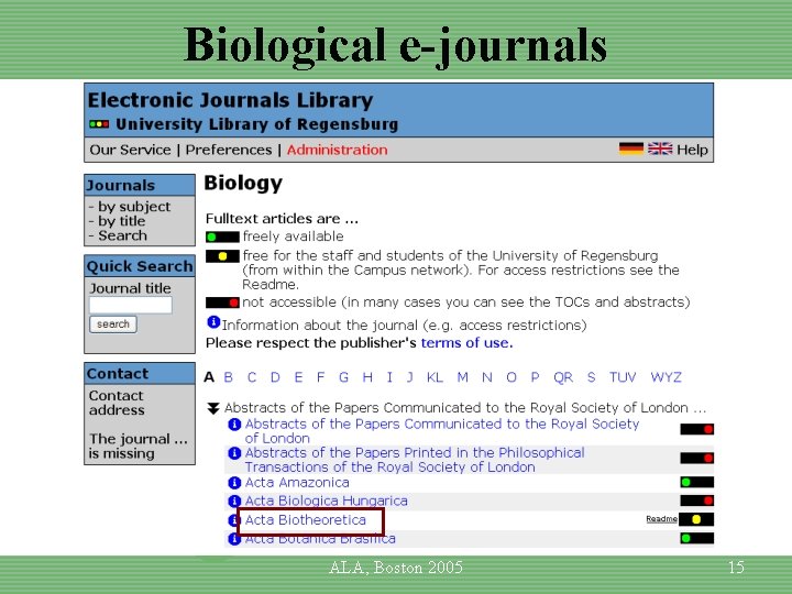 Biological e-journals ALA, Boston 2005 15 