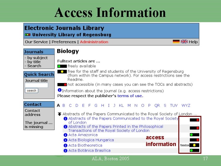 Access Information access information ALA, Boston 2005 17 