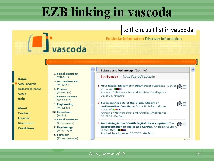 EZB linking in vascoda to the result list in vascoda ALA, Boston 2005 26
