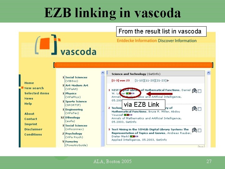 EZB linking in vascoda From the result list in vascoda via EZB Link ALA,