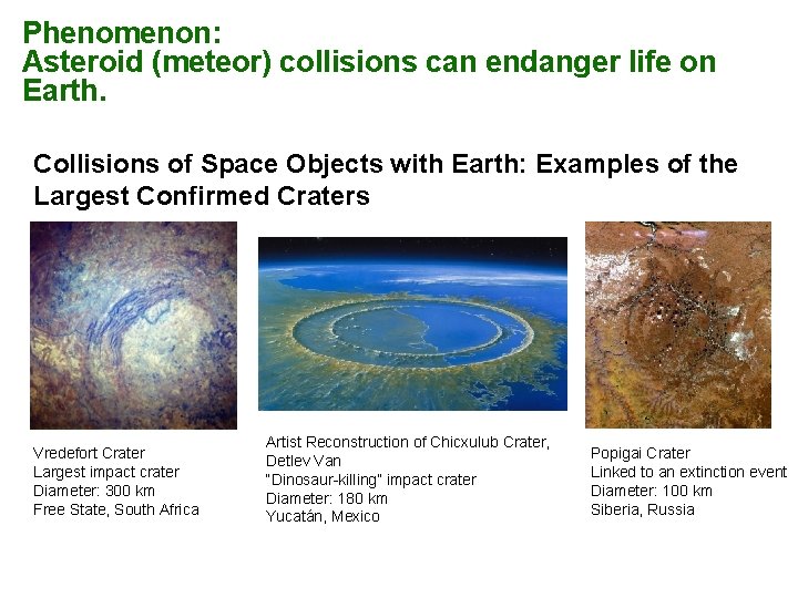 Phenomenon: Asteroid (meteor) collisions can endanger life on Earth. Collisions of Space Objects with