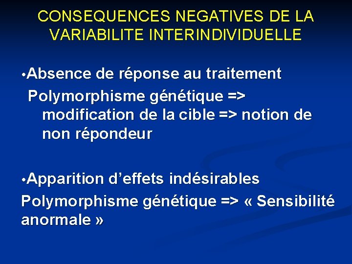 CONSEQUENCES NEGATIVES DE LA VARIABILITE INTERINDIVIDUELLE Absence de réponse au traitement Polymorphisme génétique =>