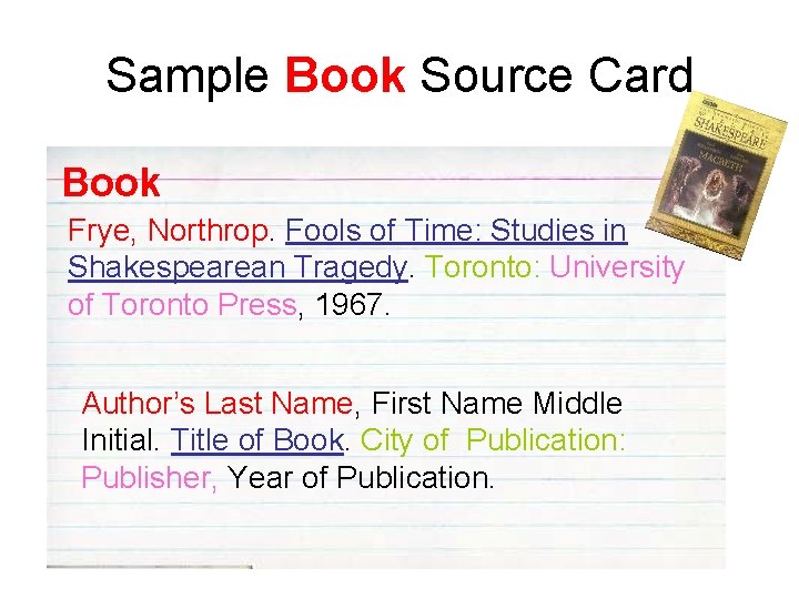 Sample Book Source Card Book Frye, Northrop. Fools of Time: Studies in Shakespearean Tragedy.