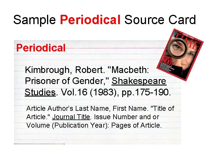 Sample Periodical Source Card Periodical Kimbrough, Robert. "Macbeth: Prisoner of Gender, " Shakespeare Studies.