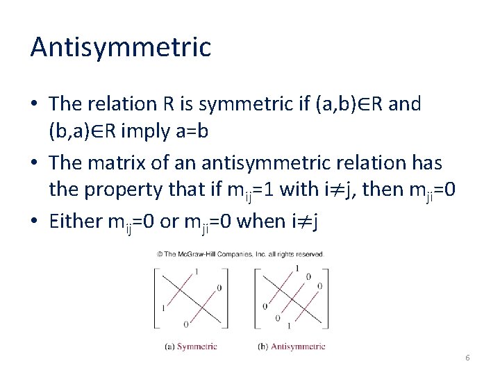 Antisymmetric • The relation R is symmetric if (a, b)∈R and (b, a)∈R imply