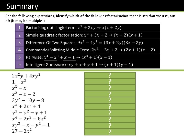 Summary For the following expressions, identify which of the following factorisation techniques that we