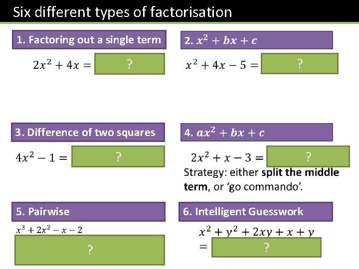 Six different types of factorisation 1. Factoring out a single term ? ? 3.