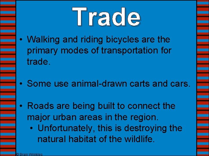 Trade • Walking and riding bicycles are the primary modes of transportation for trade.