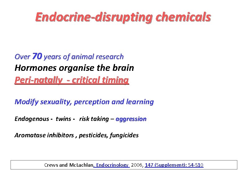 Endocrine-disrupting chemicals Over 70 years of animal research Hormones organise the brain Peri-natally -