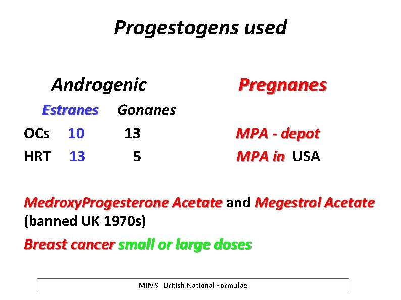 Progestogens used Androgenic Estranes OCs 10 HRT 13 Gonanes 13 5 Pregnanes MPA -