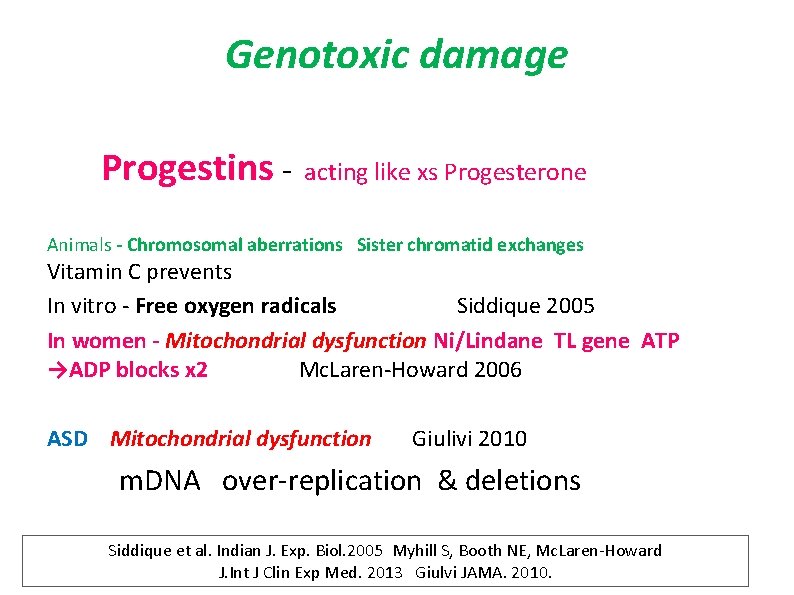 Genotoxic damage Progestins - acting like xs Progesterone Animals - Chromosomal aberrations Sister chromatid
