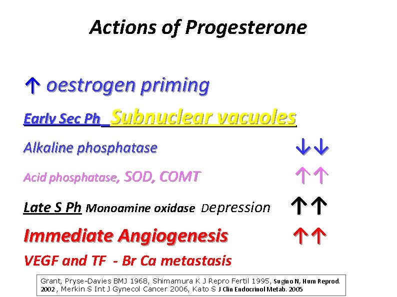 Actions of Progesterone ↑ oestrogen priming Early Sec Ph Subnuclear vacuoles Alkaline phosphatase Acid