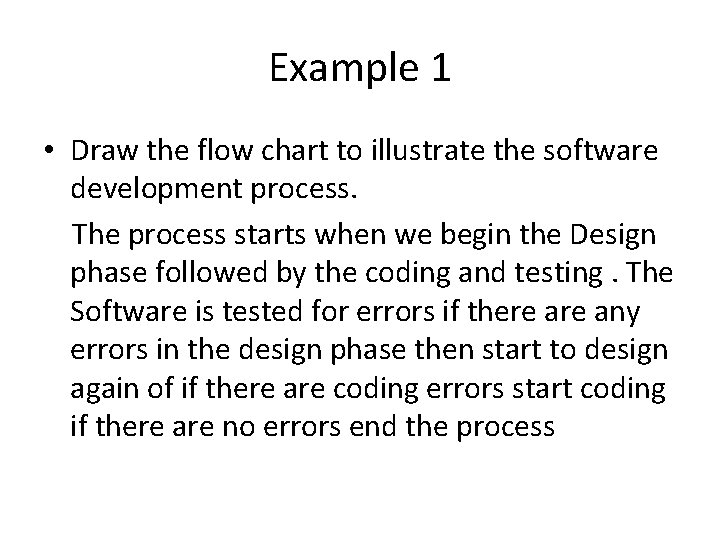 Example 1 • Draw the flow chart to illustrate the software development process. The