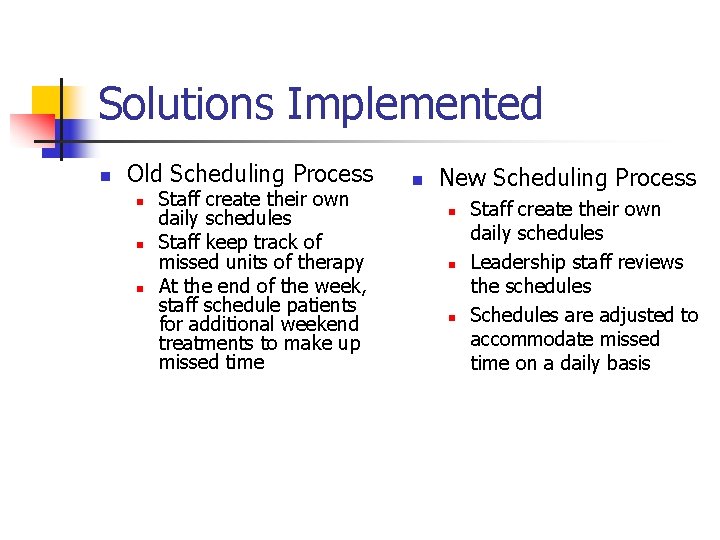 Solutions Implemented n Old Scheduling Process n n n Staff create their own daily