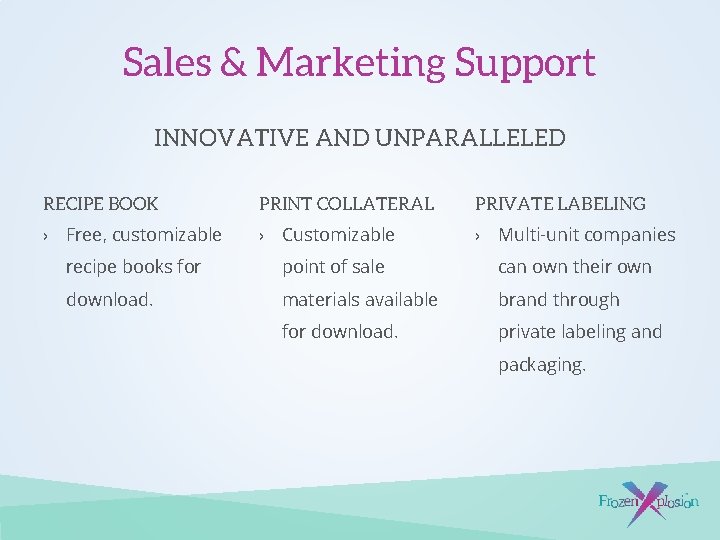 Sales & Marketing Support INNOVATIVE AND UNPARALLELED RECIPE BOOK PRINT COLLATERAL PRIVATE LABELING ›