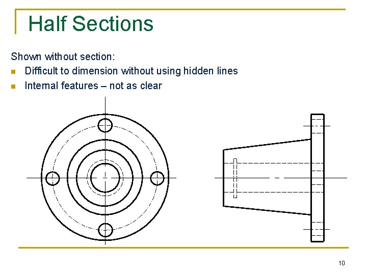 Half Sections Shown without section: n Difficult to dimension without using hidden lines n