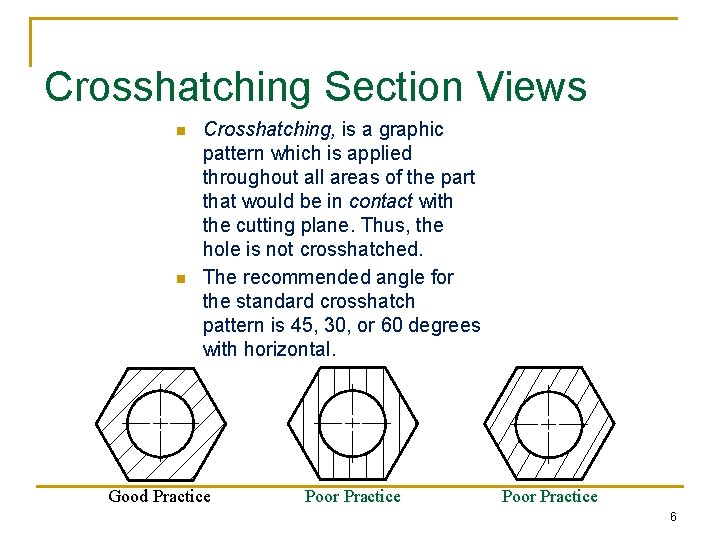 Crosshatching Section Views n n Crosshatching, is a graphic pattern which is applied throughout