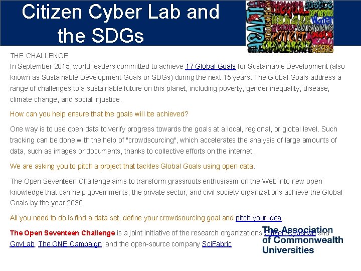 Citizen Cyber Lab and the SDGs THE CHALLENGE In September 2015, world leaders committed