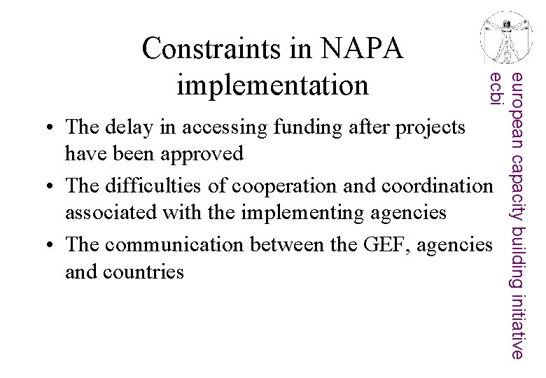 european capacity building initiative ecbi Constraints in NAPA implementation • The delay in accessing