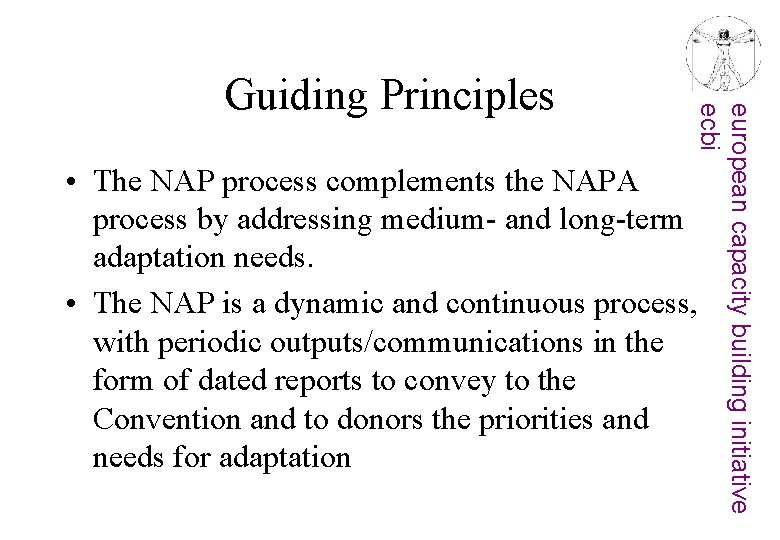 european capacity building initiative ecbi Guiding Principles • The NAP process complements the NAPA