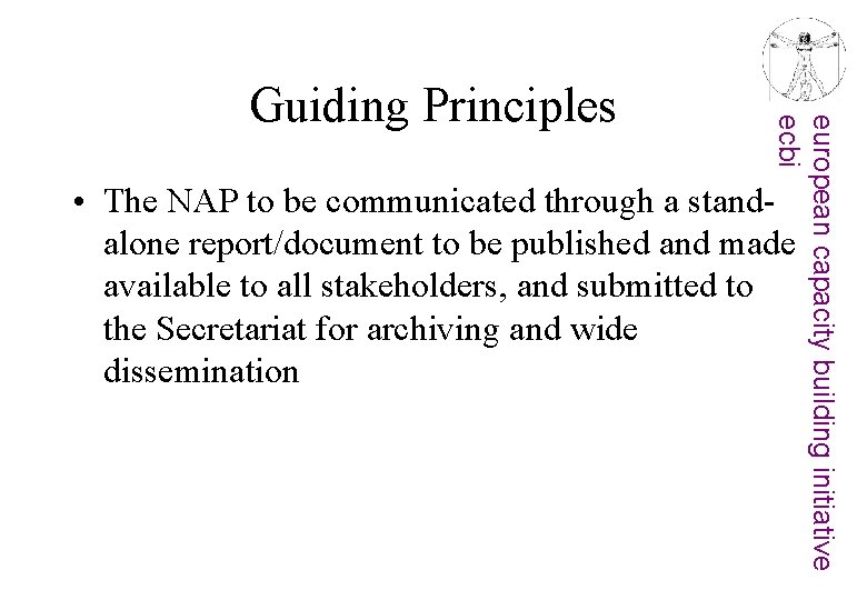 european capacity building initiative ecbi Guiding Principles • The NAP to be communicated through