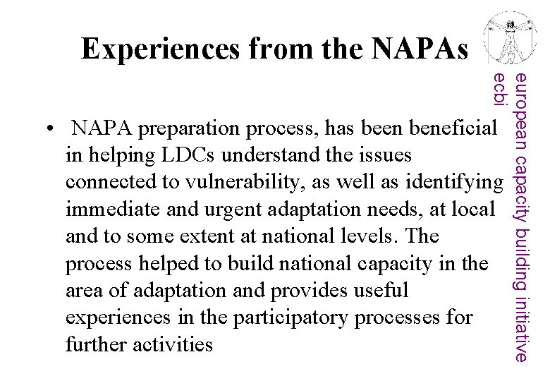 Experiences from the NAPAs european capacity building initiative ecbi • NAPA preparation process, has