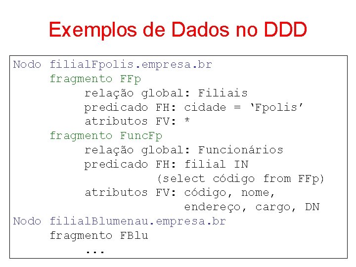 Exemplos de Dados no DDD Nodo filial. Fpolis. empresa. br fragmento FFp relação global: