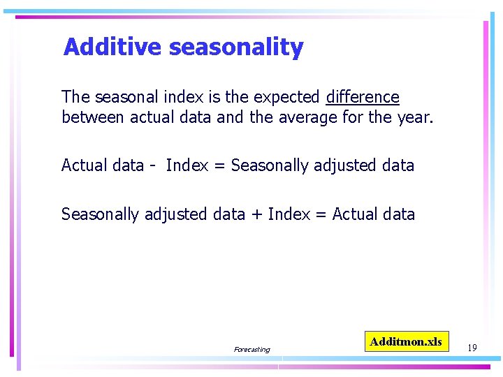 Additive seasonality The seasonal index is the expected difference between actual data and the