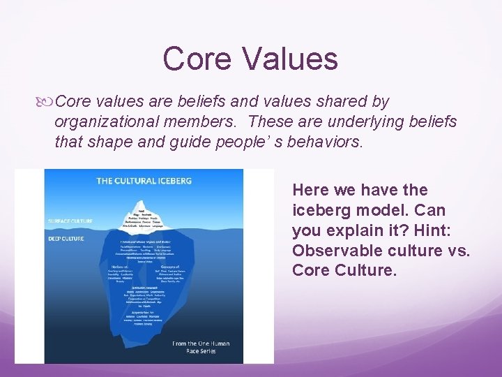 Core Values Core values are beliefs and values shared by organizational members. These are