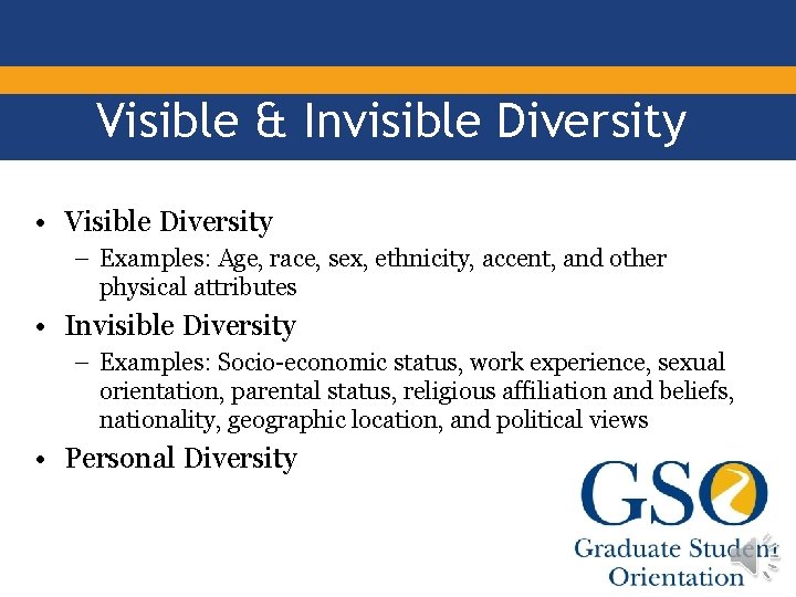 Visible & Invisible Diversity • Visible Diversity – Examples: Age, race, sex, ethnicity, accent,