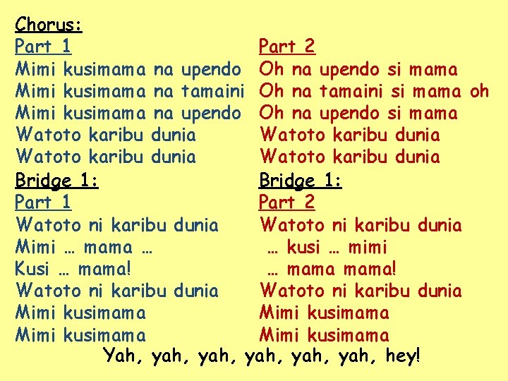 Chorus: Part 1 Part 2 Mimi kusimama na upendo Oh na upendo si mama