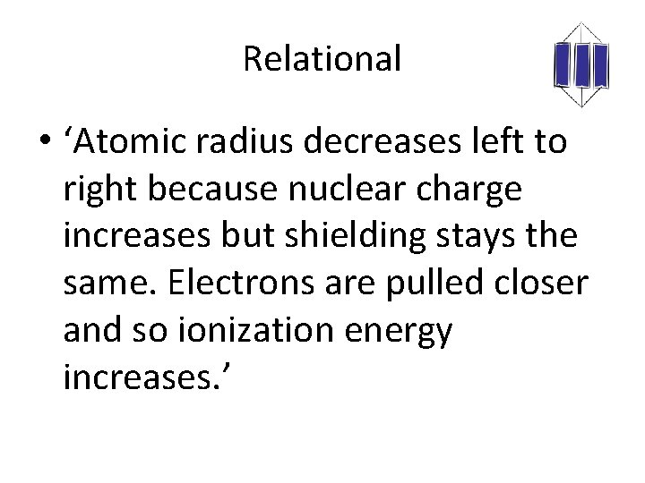 Relational • ‘Atomic radius decreases left to right because nuclear charge increases but shielding