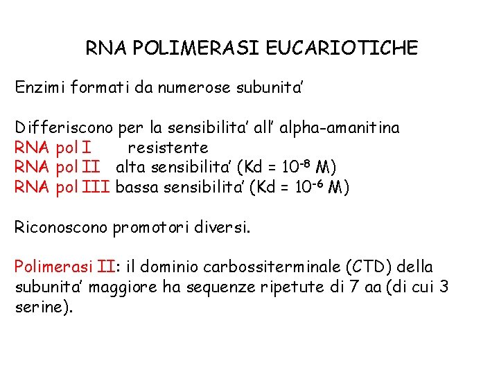 RNA POLIMERASI EUCARIOTICHE Enzimi formati da numerose subunita’ Differiscono per la sensibilita’ all’ alpha-amanitina