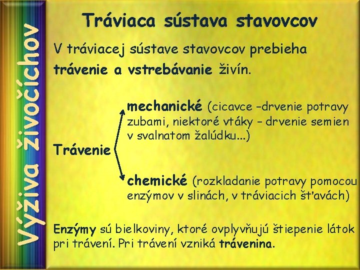 Výživa živočíchov Tráviaca sústava stavovcov V tráviacej sústave stavovcov prebieha trávenie a vstrebávanie živín.