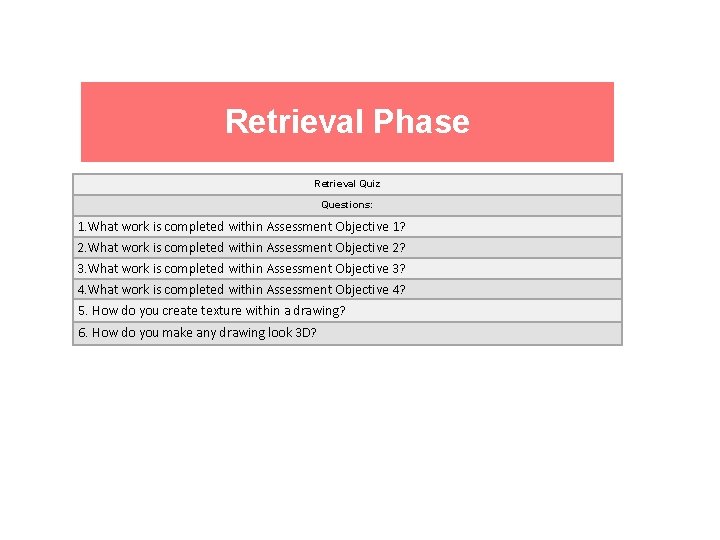 Retrieval Phase Retrieval Quiz Questions: 1. What work is completed within Assessment Objective 1?