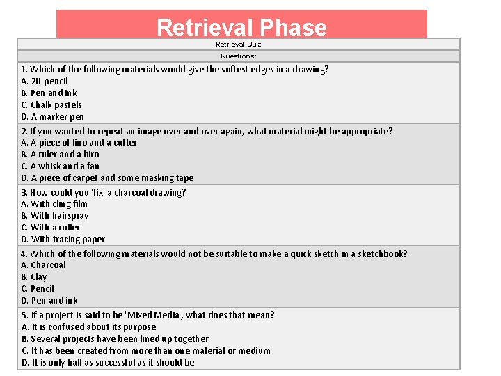 Retrieval Phase Retrieval Quiz Questions: 1. Which of the following materials would give the