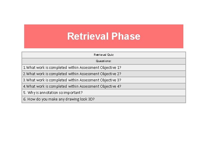 Retrieval Phase Retrieval Quiz Questions: 1. What work is completed within Assessment Objective 1?