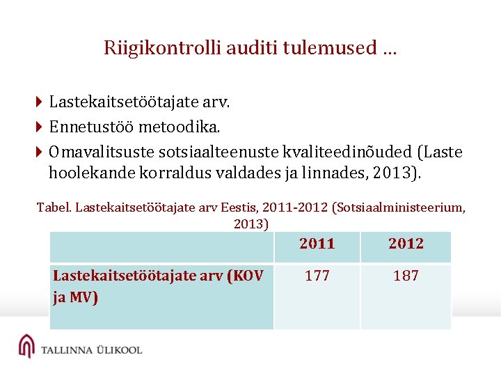 Riigikontrolli auditi tulemused … 4 Lastekaitsetöötajate arv. 4 Ennetustöö metoodika. 4 Omavalitsuste sotsiaalteenuste kvaliteedinõuded Riigikontrolli auditi tulemused … 4 Lastekaitsetöötajate arv. 4 Ennetustöö metoodika. 4 Omavalitsuste sotsiaalteenuste kvaliteedinõuded