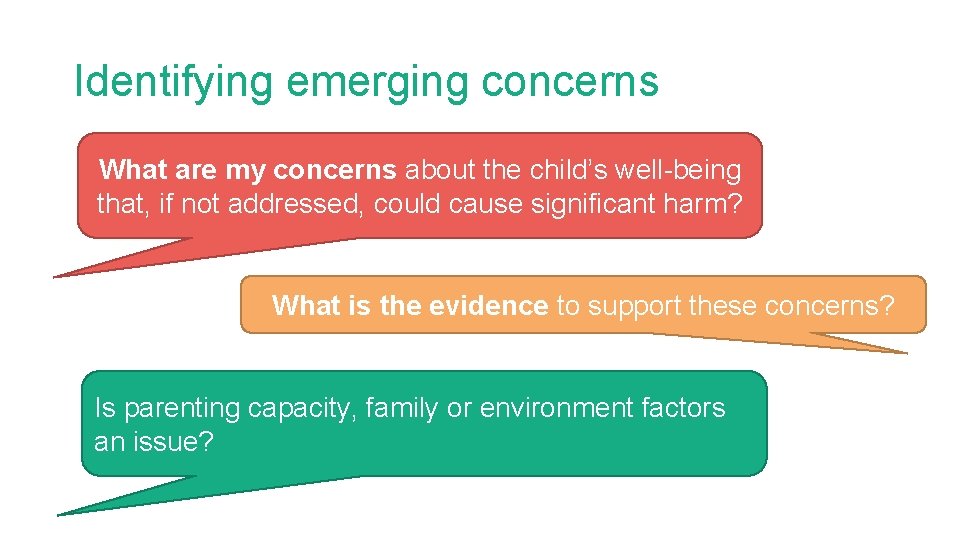 Identifying emerging concerns What are my concerns about the child’s well-being that, if not