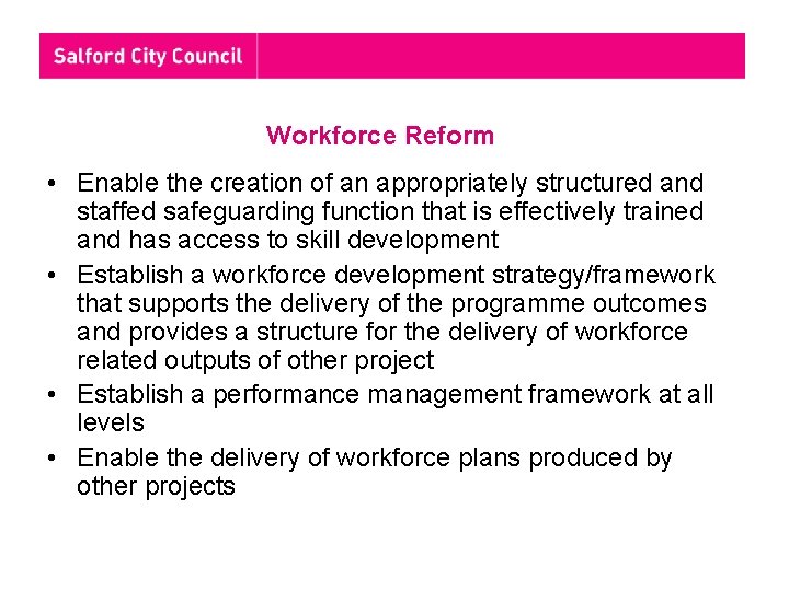 Workforce Reform • Enable the creation of an appropriately structured and staffed safeguarding function