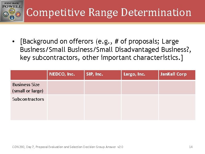 Competitive Range Determination • [Background on offerors (e. g. , # of proposals; Large