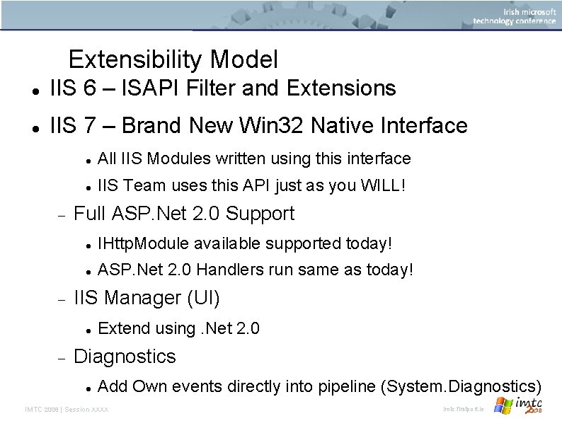Extensibility Model IIS 6 – ISAPI Filter and Extensions IIS 7 – Brand New
