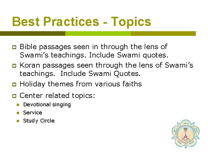 Best Practices - Topics p Bible passages seen in through the lens of Swami’s