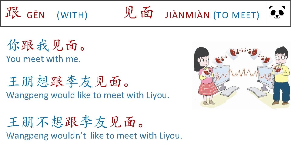 跟 GĒN (WITH) 见面 JIÀNMIÀN (TO MEET) 你跟我见面。 You meet with me. 王朋想跟李友见面。 Wangpeng