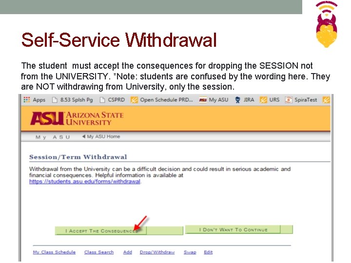 Self-Service Withdrawal The student must accept the consequences for dropping the SESSION not from