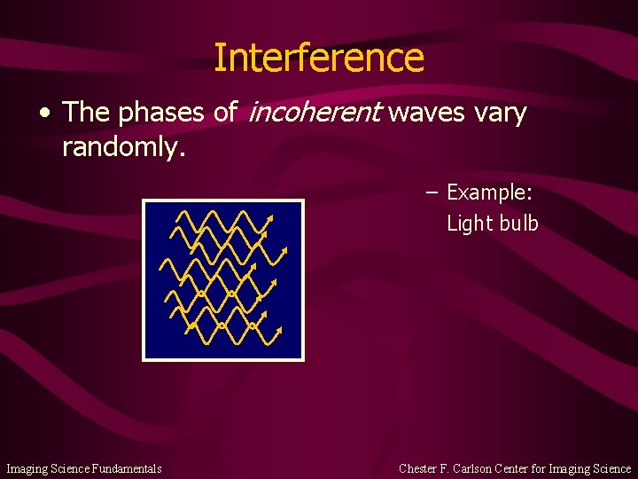 Interference • The phases of incoherent waves vary randomly. – Example: Light bulb Imaging