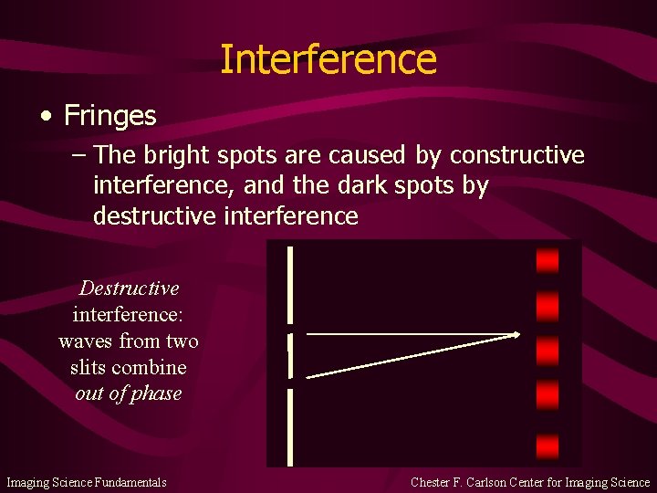 Interference • Fringes – The bright spots are caused by constructive interference, and the